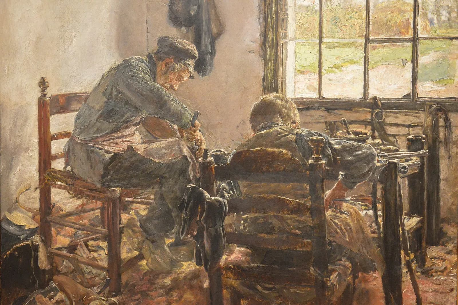 An oil painting of a cobbler's workshop: an old man in a flat cap mending a shoe on his knee, and a boy seen from behind working at a bench beside a bright window.